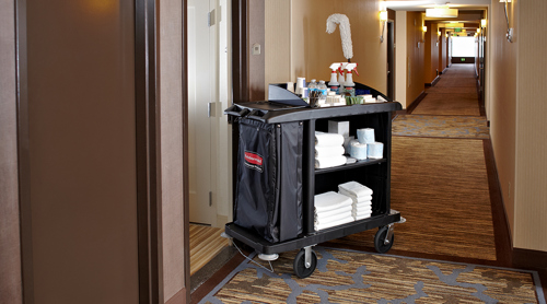 Housekeeping cart outsid a hotel room