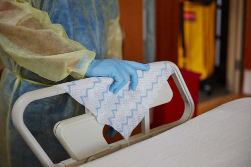 Cleaning hospital room with Hygen Microfibre Disposable cloth