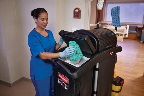 Staff using the Rubbermaid Cleaning Cart