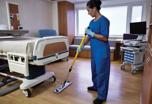 Hospital staff cleaning with Hygen microfibre mops