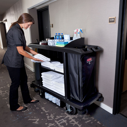 Rubbermaid hotel cart being used by hotel staff