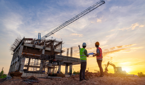 Construction workers on a building site.