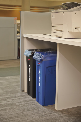 Compact deskside recycling container, small enough to fit under a standard desk