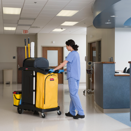 Hospital staff using Rubbermaid cleaning cart